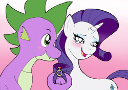 Size: 2014x1414 | Tagged: safe, artist:bico-kun, rarity, spike, dragon, pony, unicorn, blushing, crying, engagement ring, female, fire ruby, male, marriage proposal, mixed media, older, shipping, sparity, straight, tears of joy