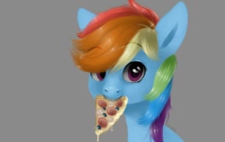 Size: 500x316 | Tagged: dead source, safe, artist:art-by-flier, derpibooru import, rainbow dash, pegasus, pony, bust, female, gray background, looking at you, mare, mouth hold, pizza, portrait, simple background, solo
