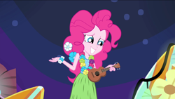 Size: 1440x810 | Tagged: safe, screencap, pinkie pie, equestria girls, rainbow rocks, shake your tail, clothes, grass skirt, hula, hulapie, lei, skirt, solo, ukulele