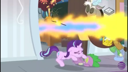 Size: 1280x720 | Tagged: safe, screencap, discord, spike, starlight glimmer, dragon, pony, unicorn, a matter of principals, season 8, dragonfire, dragonsneeze, fire, fire breath, food, implied smolder, marshmallow, school of friendship, winged spike