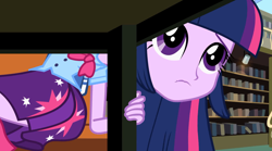 Size: 1318x734 | Tagged: safe, derpibooru import, screencap, twilight sparkle, equestria girls, equestria girls (movie), cute, library, peering, puppy dog eyes, sad, scrunchy face, solo, table, twiabetes