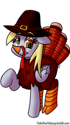 Size: 1152x2048 | Tagged: safe, artist:outofworkderpy, derpy hooves, pegasus, pony, clothes, costume, cute, derpabetes, female, food, mare, meat, raised hoof, simple background, solo, thanksgiving, turkey, turkey costume, white background