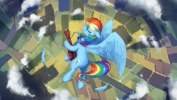 Size: 2560x1440 | Tagged: safe, artist:anticular, derpibooru import, rainbow dash, pegasus, pony, bird's eye view, cloud, cloudy, eyes closed, feather, female, field, flying, guitar, mare, musical instrument, overhead view, scenery, solo, song art, wings