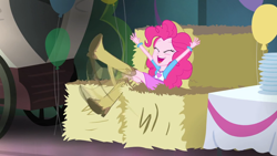 Size: 1440x810 | Tagged: safe, screencap, pinkie pie, equestria girls, rainbow rocks, boots, clothes, cowboy boots, cowboy hat, hat, haystack, shoes, skirt, solo