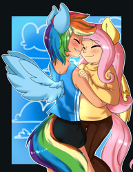 Size: 2975x3850 | Tagged: safe, artist:annakitsun3, derpibooru import, fluttershy, rainbow dash, human, clothes, eared humanization, female, flutterdash, humanized, lesbian, nuzzling, shipping, shorts, sweater, sweatershy, tailed humanization, tanktop, winged humanization