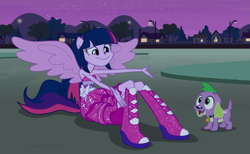 Size: 1151x711 | Tagged: safe, derpibooru import, screencap, spike, twilight sparkle, dog, equestria girls, equestria girls (movie), boots, faic, fall formal outfits, high heel boots, ponied up, smiling, sparkles, spike the dog, twilight ball dress, wings