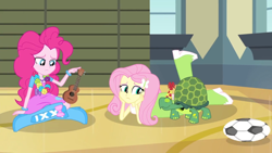 Size: 1440x810 | Tagged: safe, screencap, fluttershy, pinkie pie, turtle, equestria girls, rainbow rocks, apc, balloon, boots, flower, football, hat, high heel boots, party hat, ukulele