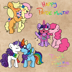 Size: 1000x1000 | Tagged: safe, artist:prideverse, derpibooru import, applejack, fluttershy, pinkie pie, rainbow dash, rarity, twilight sparkle, twilight sparkle (alicorn), alicorn, earth pony, pegasus, pony, unicorn, appleshy, blushing, book, clothes, female, flower, flower in hair, lesbian, mane six, pride, pride month, raridash, scarf, shipping, twinkie