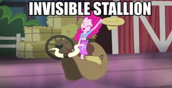 Size: 944x484 | Tagged: safe, edit, screencap, pinkie pie, equestria girls, rainbow rocks, image macro, invisible stallion, meme, saddle, solo