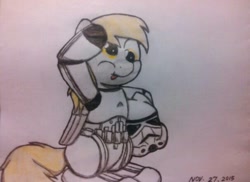 Size: 606x440 | Tagged: safe, artist:ljdamz1119, derpy hooves, pegasus, pony, clothes, colored, costume, crossover, female, food, mare, muffin, solo, star wars, stormtrooper, traditional art