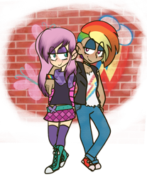 Size: 1051x1271 | Tagged: safe, artist:bubaiuv, derpibooru import, fluttershy, rainbow dash, human, bracelet, clothes, converse, eyeshadow, female, flutterdash, humanized, jacket, jewelry, lesbian, makeup, miniskirt, pants, plaid skirt, scene kid, shipping, shirt, shoes, simple background, skirt, socks, thigh highs, transparent background, zettai ryouiki