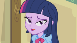 Size: 1920x1080 | Tagged: safe, derpibooru import, edit, edited screencap, screencap, twilight sparkle, equestria girls, equestria girls (movie), inverted mouth, lidded eyes, solo