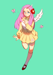 Size: 1000x1410 | Tagged: safe, artist:garaktob, fluttershy, butterfly, human, clothes, humanized, pixiv, skirt, solo, sweater, sweatershy, winged humanization