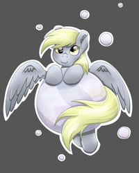 Size: 1600x2000 | Tagged: safe, artist:bratzoid, derpy hooves, pegasus, pony, bubble, cute, derpabetes, ear fluff, female, floating, mare, smiling, solo, spread wings