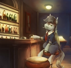 Size: 1692x1620 | Tagged: safe, artist:anticular, derpibooru import, oc, oc only, bat pony, pony, alcohol, bar, barstool, cigarette, clothes, commission, looking at you, male, necktie, smoking, solo, stallion, suit