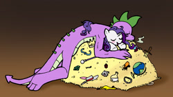 Size: 2550x1434 | Tagged: safe, artist:bico-kun, rarity, spike, dragon, pony, unicorn, bits, blushing, brown background, cane, companion cube, crown, cuddling, dragon hoard, dragon instinct, female, fork, gem, globe, hat, hoard, male, mare, messy mane, necklace, older, older spike, open mouth, pearl, pimp hat, plate, potion, rubber chicken, shipping, simple background, skateboard, sleeping, smiling, smoke, snuggling, sparity, straight, treasure