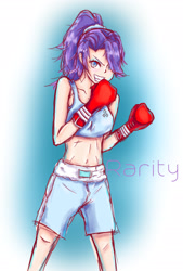 Size: 1378x2039 | Tagged: safe, artist:elitednehi, rarity, human, 20% cooler, belly button, boxer, clothes, humanized, looking at you, midriff, shorts, smiling, solo, sports bra