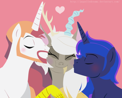 Size: 1174x948 | Tagged: dead source, safe, artist:jaquelindreamz, eris, prince artemis, prince solaris, princess celestia, princess luna, alicorn, pony, adoreris, artemabetes, arteris, blushing, cute, eris gets all the stallions, eyes closed, female, heart, kiss on the cheek, kiss sandwich, kissing, lunacord, male, nose wrinkle, pink background, polyamory, rule 63, rule63betes, shipping, simple background, smiling, soleris, straight