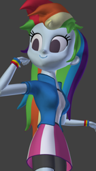 Size: 1080x1920 | Tagged: safe, artist:3d thread, artist:creatorofpony, derpibooru import, rainbow dash, equestria girls, /mlp/, 3d, 3d model, blender, clothes, compression shorts, flexing, grin, skirt, solo, t-shirt, villager