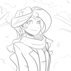 Size: 500x500 | Tagged: dead source, safe, artist:reiduran, sunset shimmer, equestria girls, clothes, fanfic art, female, grayscale, lineart, looking at you, monochrome, scarf, smiling, solo