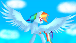 Size: 7500x4300 | Tagged: safe, artist:sweethearts11, derpibooru import, rainbow dash, pegasus, pony, absurd resolution, cloud, female, flying, heart eyes, mare, signature, simple background, sky, solo, wingding eyes