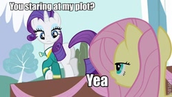 Size: 500x281 | Tagged: safe, fluttershy, rarity, pegasus, pony, unicorn, filli vanilli, bedroom eyes, female, flarity, image macro, lesbian, meme, plot, shipping