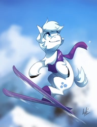 Size: 1092x1427 | Tagged: safe, artist:anticular, derpibooru import, double diamond, earth pony, pony, chest fluff, clothes, looking back, male, scarf, skiing, skis, smiling, snow, solo, stallion, unshorn fetlocks, winter