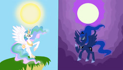 Size: 1186x674 | Tagged: safe, artist:sailormuffin, princess celestia, princess luna, alicorn, pony, crown, female, horn, mare, siblings, sisters