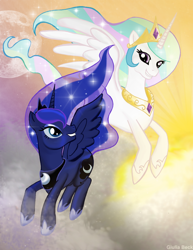 Size: 700x907 | Tagged: safe, artist:giuliabeck, princess celestia, princess luna, alicorn, pony, duo, flying, sisters