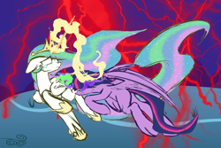 Size: 3000x2000 | Tagged: safe, artist:rebornanimalz, princess celestia, twilight sparkle, twilight sparkle (alicorn), alicorn, pony, betrayal, corrupted, corrupted twilight sparkle, dark magic, evil twilight, feels, female, fight, glowing eyes, magic, mare, sombra eyes, this will end in incineration, twilight is anakin, tyrant sparkle