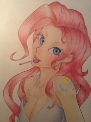 Size: 1936x2592 | Tagged: safe, artist:samaelalighieri, pinkie pie, human, breasts, colored pencil drawing, female, humanized, lollipop, pinkie pies, solo, traditional art