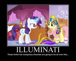 Size: 750x600 | Tagged: safe, screencap, fluttershy, rarity, pegasus, pony, unicorn, for whom the sweetie belle toils, all seeing eye, conspiracy, demotivational poster, headdress, illuminati, meme