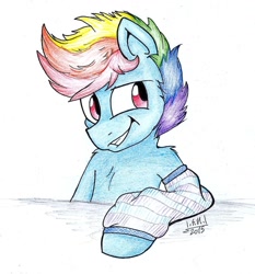 Size: 1024x1100 | Tagged: safe, artist:cyanyeh, derpibooru import, rainbow blitz, rainbow dash, pegasus, pony, clothes, rule 63, smiling, smirk, socks, traditional art