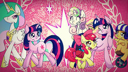 Size: 1280x720 | Tagged: safe, artist:panyang-panyang, apple bloom, princess celestia, scootaloo, sweetie belle, twilight sparkle, twilight sparkle (alicorn), alicorn, pony, cutie mark crusaders, female, mare, older