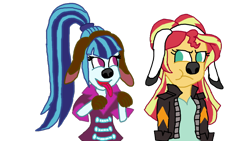 Size: 1190x671 | Tagged: safe, artist:bigpurplemuppet99, sonata dusk, sunset shimmer, dog, equestria girls, animal costume, clothes, costume, cute, dog ears, female, headband, lesbian, paws, puffy cheeks, shipping, simple background, sonatabetes, sunata, sunset shimmer is not amused, tongue out, transparent background, unamused