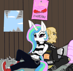 Size: 1280x1238 | Tagged: safe, artist:taco-calamitous, princess celestia, anthro, bedroom, chains, clothes, collar, leather jacket, makeup, piercing, punk, vivec