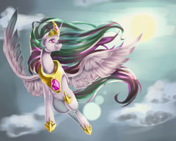 Size: 1280x1024 | Tagged: safe, artist:myukari, princess celestia, alicorn, pony, crown, female, horn, mare, multicolored mane, multicolored tail, solo, white coat, white wings, wings