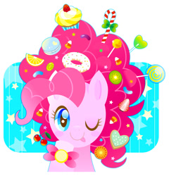 Size: 625x650 | Tagged: safe, artist:fuyuse leka, pinkie pie, earth pony, pony, accessories, alternate hairstyle, candy, food, macaron, mane candy, messy, pixiv, solo