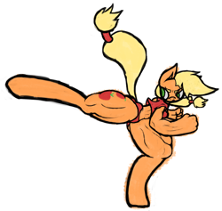 Size: 3352x3176 | Tagged: safe, artist:slitherkitty, applejack, anthro, earth pony, unguligrade anthro, applebucking thighs, applejacked, kicking, muscles, solo, wide hips