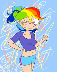 Size: 557x700 | Tagged: safe, artist:the-moonman-of-1997, derpibooru import, rainbow dash, human, alternate hairstyle, belly button, clothes, humanized, midriff, shorts, thumbs up