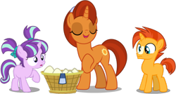 Size: 958x515 | Tagged: safe, alternate version, artist:dashiesparkle, artist:frownfactory, artist:tardifice, edit, editor:slayerbvc, starlight glimmer, stellar flare, sunburst, unicorn, the cutie re-mark, the parent map, uncommon bond, basket, clothes, colt, colt sunburst, female, filly, filly starlight glimmer, laundry, male, mare, mother and child, mother and son, parent and child, raised hoof, scarf, simple background, sockless stellar flare, sockless sunburst, socks (coat marking), surprised, transparent background, vector, vector edit, wide eyes, younger