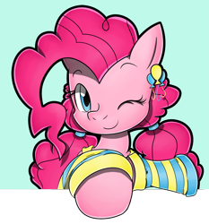 Size: 1500x1609 | Tagged: safe, artist:flam3zero, pinkie pie, earth pony, pony, alternate hairstyle, clothes, cute, diapinkes, ear piercing, earring, jewelry, piercing, pigtails, smiling, solo, style emulation, wink, yuji uekawa style