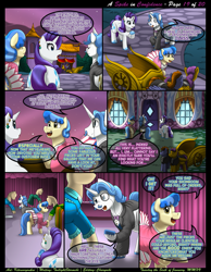 Size: 1165x1500 | Tagged: safe, artist:kitsuneyoukai, fancypants, rarity, sapphire shores, spike, dragon, pony, unicorn, comic:a spike in confidence, comic, dialogue, explicit source, exterior, eyes closed, female, happy, male, nudity, plot, shipping, sparity, straight, talking