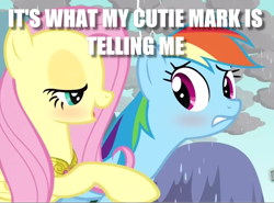 Size: 968x718 | Tagged: safe, derpibooru import, edit, edited screencap, screencap, fluttershy, rainbow dash, pegasus, pony, magical mystery cure, bedroom eyes, blushing, caption, cropped, female, flutterdash, image macro, lesbian, mare, meme, out of context, shipping, what my cutie mark is telling me