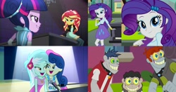 Size: 3914x2048 | Tagged: safe, screencap, bon bon, diamond dudes, fido, lyra heartstrings, rarity, rover, spot, sunset shimmer, sweetie drops, twilight sparkle, twilight sparkle (alicorn), alicorn, diamond dog, equestria girls, friendship through the ages, player piano, rainbow rocks, eyes on the prize, female, grin, just friends, lesbian, lidded eyes, lyrabon, messy mane, piano, shipping, smiling, sparkles, wingding eyes