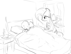 Size: 1128x846 | Tagged: safe, artist:dotkwa, fluttershy, oc, oc:anon, human, bed, grayscale, monochrome, sick