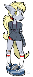 Size: 400x911 | Tagged: safe, artist:molochtdl, derpy hooves, anthro, clothes, ponytail, shirt, simple background, sneakers, socks, solo