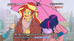 Size: 1920x1080 | Tagged: safe, artist:atariboy2600, sci-twi, sunset shimmer, twilight sparkle, equestria girls, clothes, dialogue, female, lesbian, meme, microphone, scitwishimmer, shipping, smiling, special feeling, sunsetsparkle, umbrella