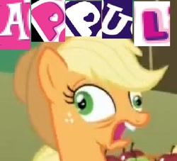 Size: 560x509 | Tagged: safe, applejack, earth pony, pony, appul, derp, expand dong, faic, majestic as fuck, open mouth, silly, silly pony, solo, that pony sure does love apples, wide eyes