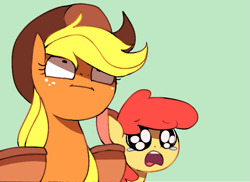 Size: 637x464 | Tagged: safe, artist:karzahnii, apple bloom, applejack, earth pony, pony, :i, crying, reaction image, simple background, voyeur